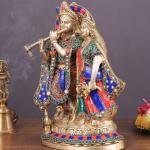 Brass Superfine Radha Krishna Together Idol 12.5" | Exquisite Stonework | 6 kg High-Quality Craftsmanship | Captivating Centerpiece | Divine Love Sculpture